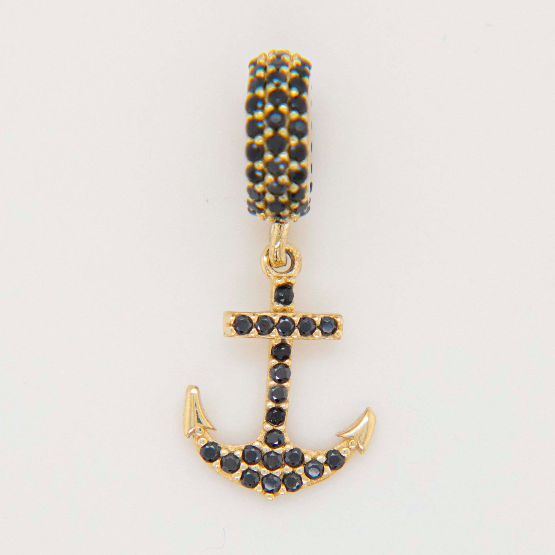 14K Yellow Gold Dangling Black CZ Anchor Charm