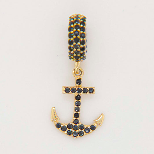 14K Yellow Gold Dangling Black CZ Anchor Charm