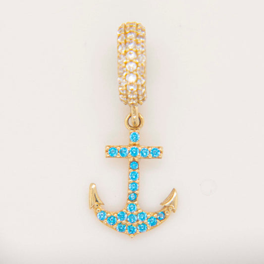 14K Yellow Gold Dangling Light Blue CZ Anchor Charm with White CZ Accents