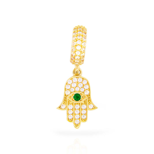 14K Yellow Gold Dangling Green CZ Hamsa Charm