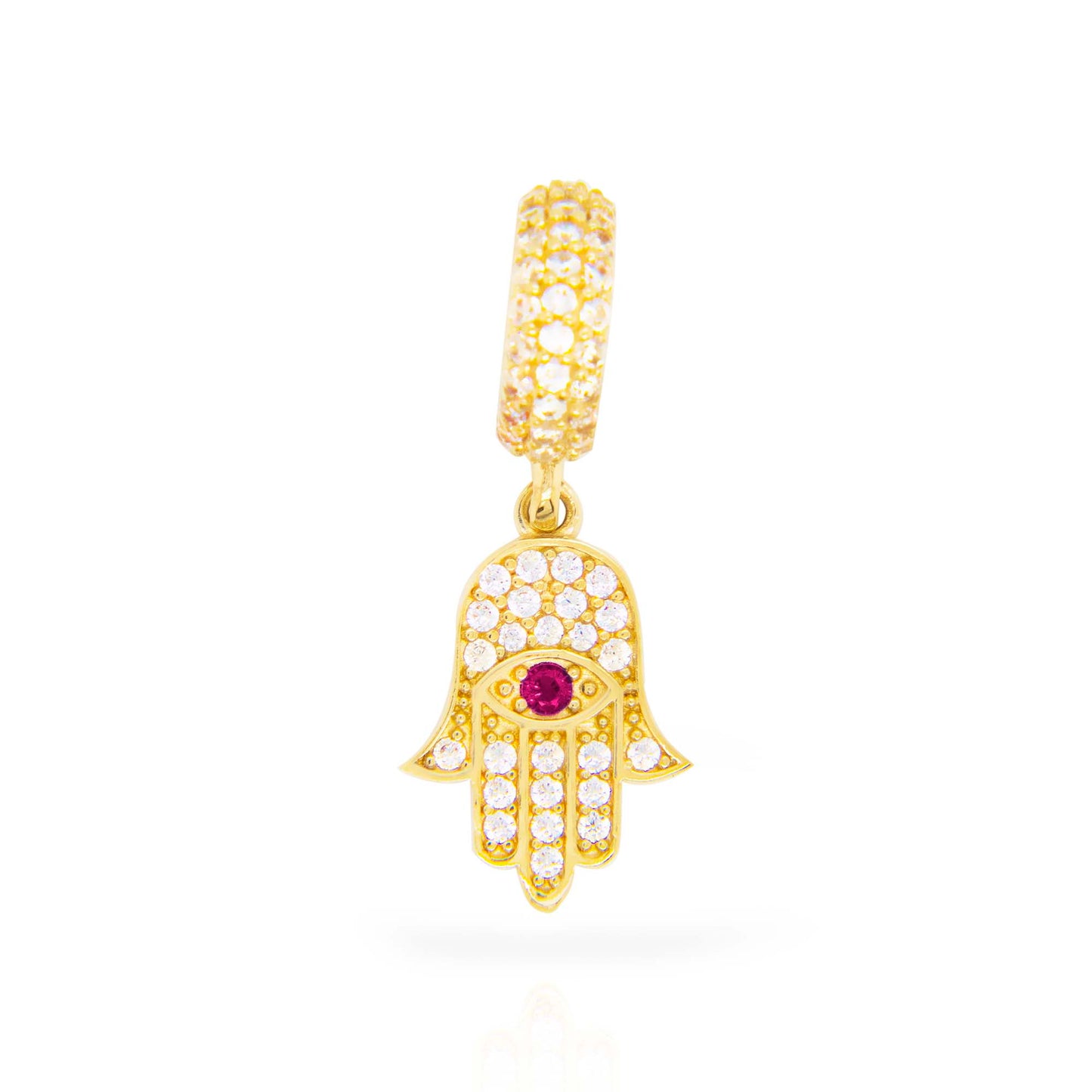 14K Yellow Gold Dangling Red CZ Hamsa Charm