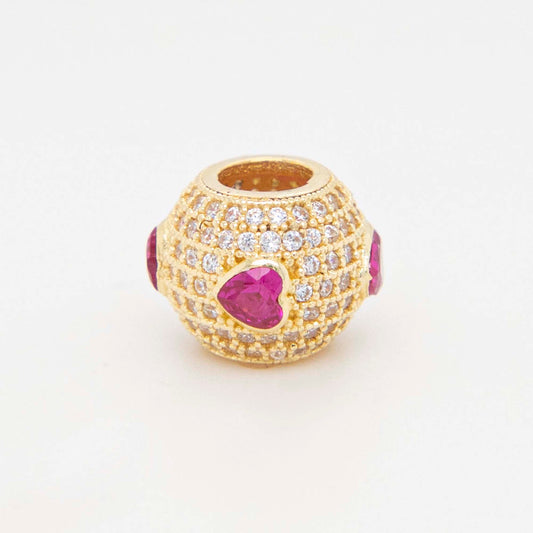 14K Yellow Gold Pavé CZ with Pink CZ Heart Accents Bead Slider