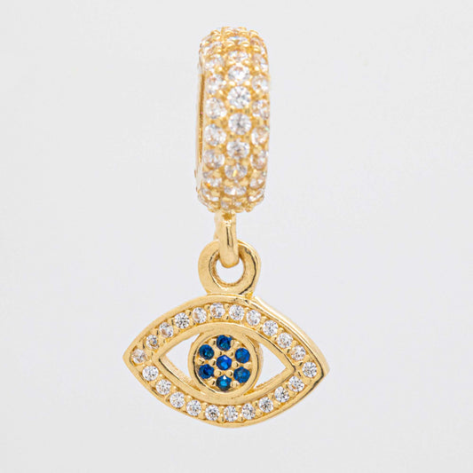 14K Yellow Gold Dangling Blue CZ Evil Eye Charm