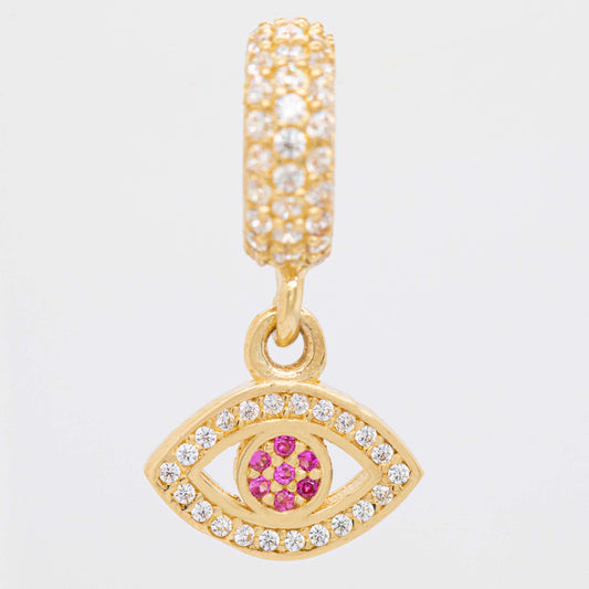 14K Yellow Gold Dangling Red CZ Evil Eye Charm
