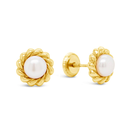 14K Yellow Gold Small Twisted Rope Bezel Pearl Screwback Earrings