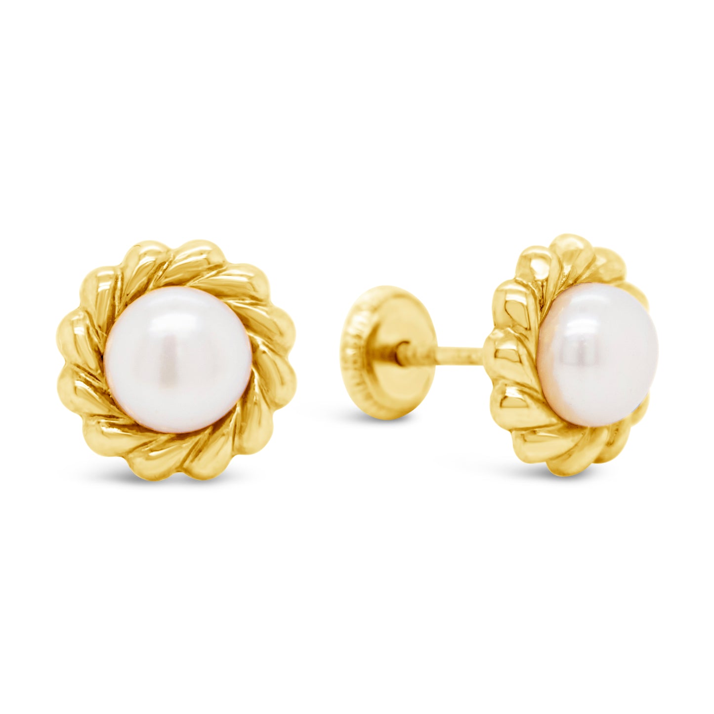 14K Yellow Gold Large Twisted Rope Bezel 5mm Pearl Screwback Earrings
