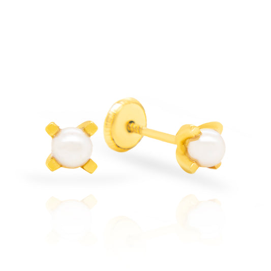 14K Yellow Gold Four-Prong 3mm Pearl Screwback Earrings
