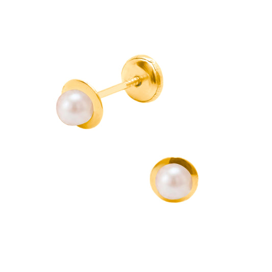14K Yellow Gold Bezel 3mm Pearl Center Screwback Earrings-1