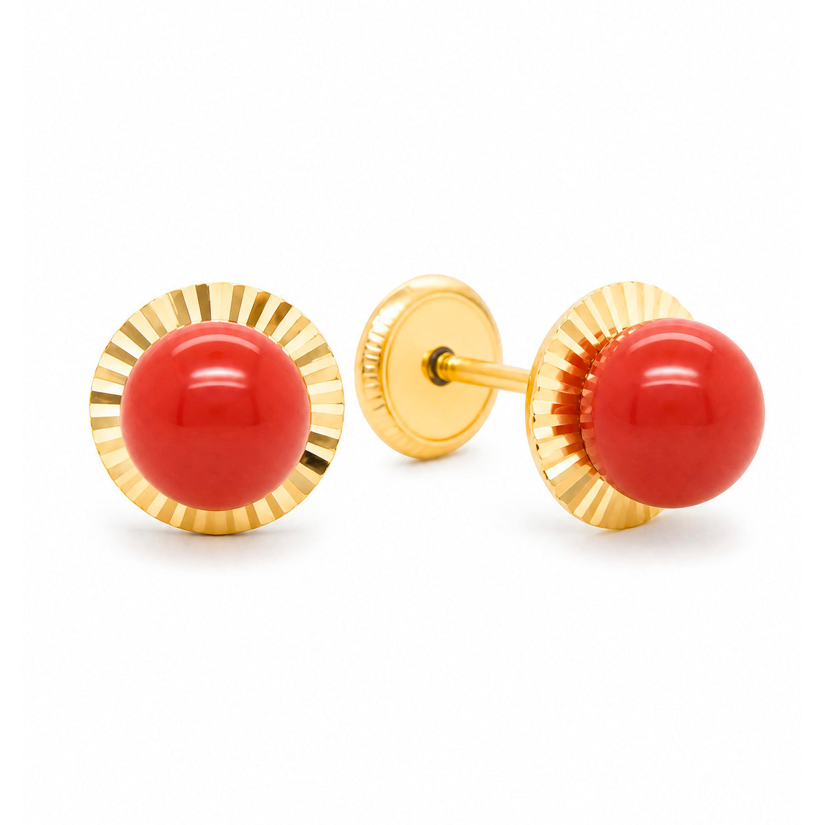 14K Yellow Gold Bezel 3mm Coral Center Screwback Earrings