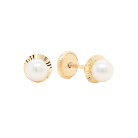 14K Yellow Gold Bezel 3mm Pearl Center Screwback Earrings