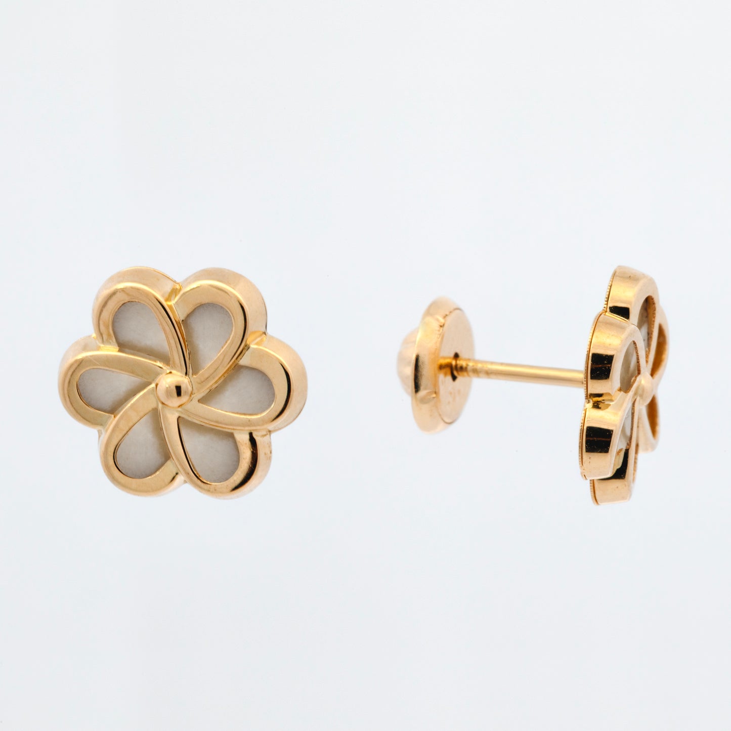 14K Yellow Gold Large Mother Of Pearl Flower Stud Screwback Earrings