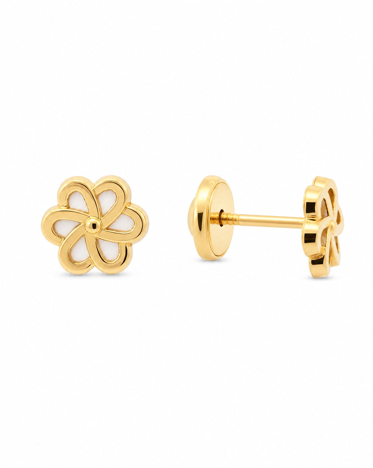 14K Yellow Gold Small Mother Of Pearl Flower Stud Screwback Earrings