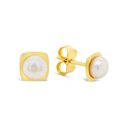 14K Yellow Gold Small Square with Pearl Center Pushback Earrings