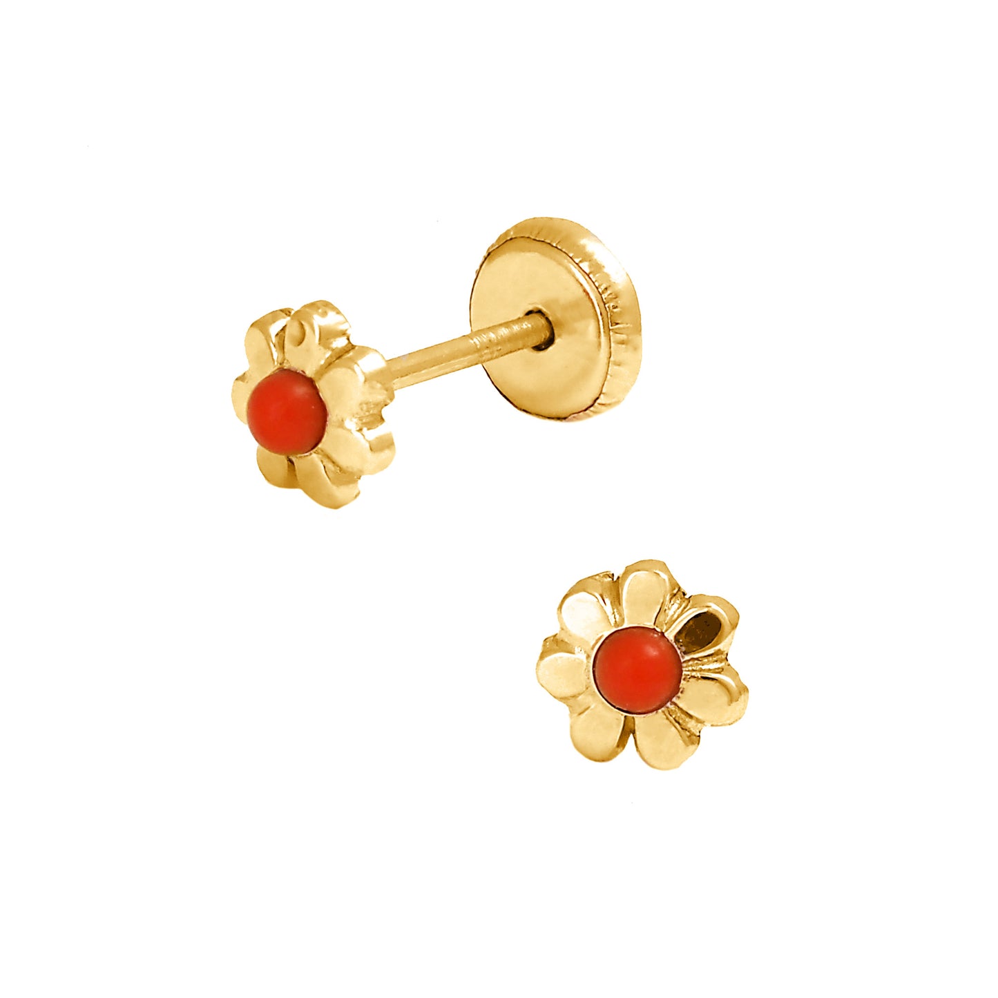 14K Yellow Gold Flower with Coral Center Screwback Earrings