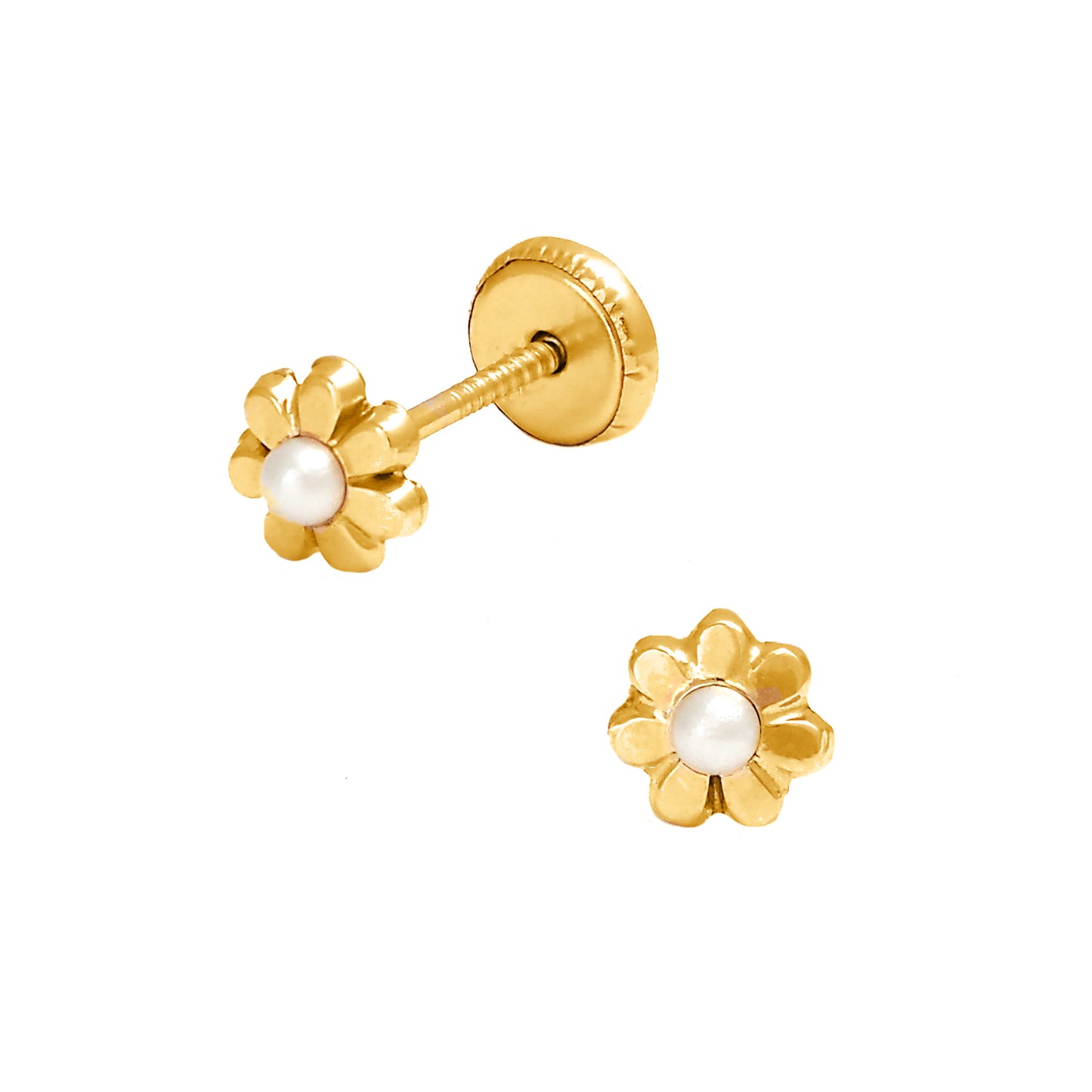 14K Yellow Gold Flower with Mother of Pearl Center Screwback Earrings