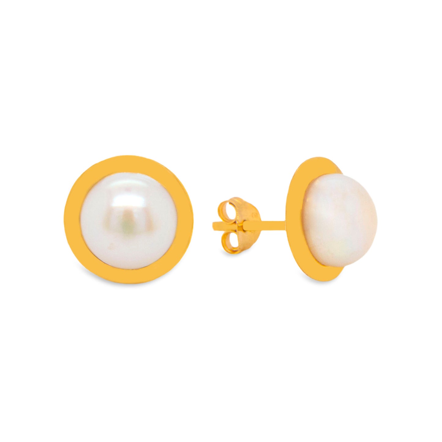 14K Yellow Gold Large Bezel Pearl Pushback Earrings