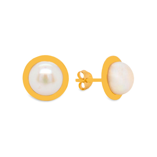 14K Yellow Gold Large Bezel Pearl Pushback Earrings
