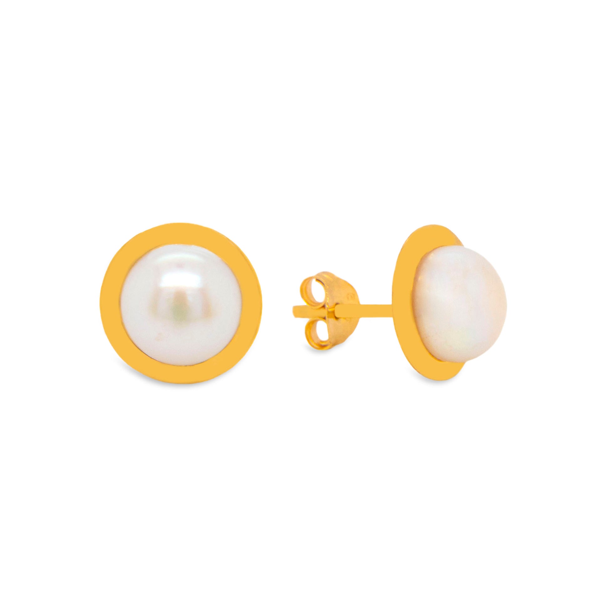 14K Yellow Gold Medium Bezel Pearl Pushback Earrings