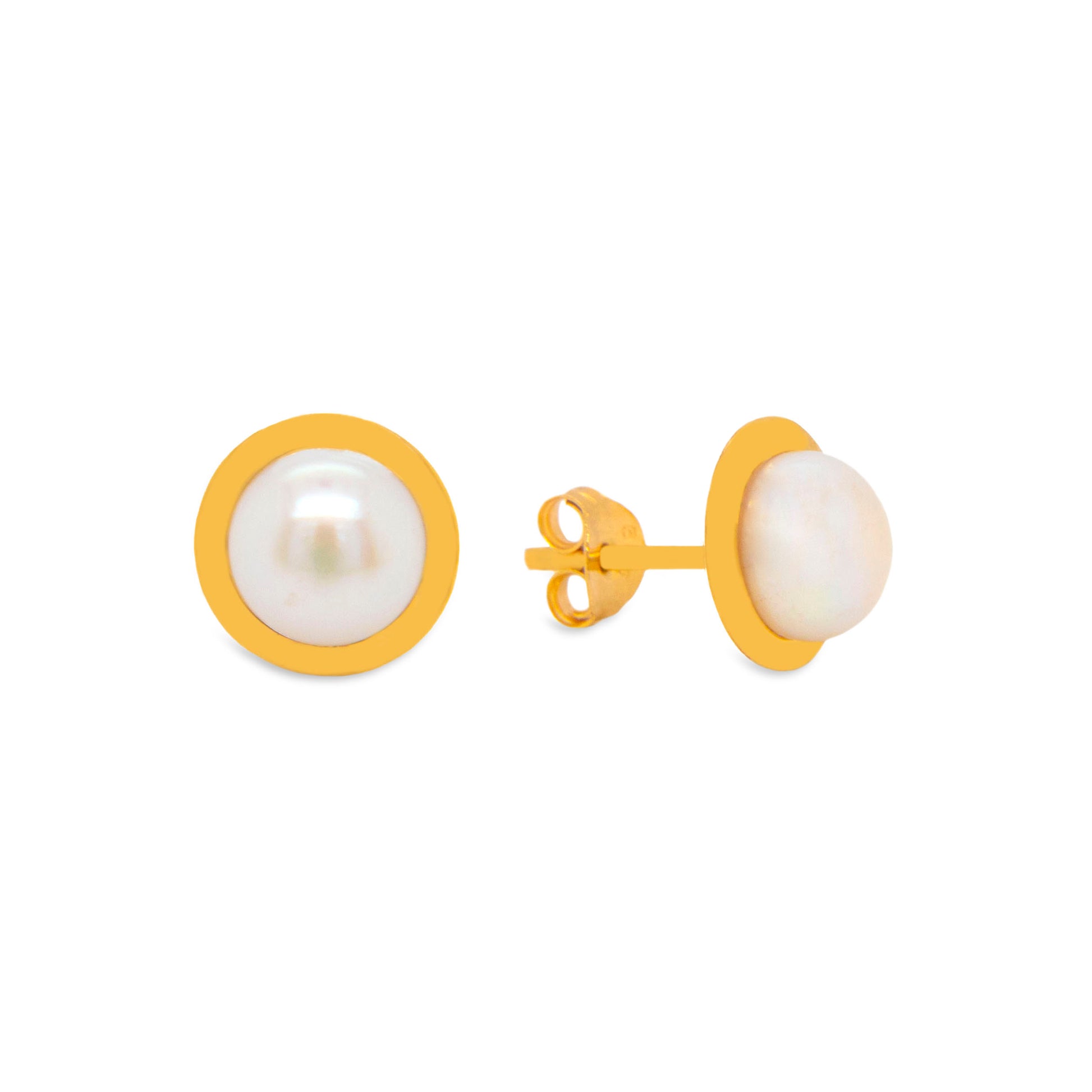 14K Yellow Gold Small Bezel Pearl Pushback Earrings