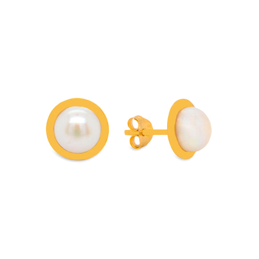 14K Yellow Gold Small Bezel Pearl Pushback Earrings