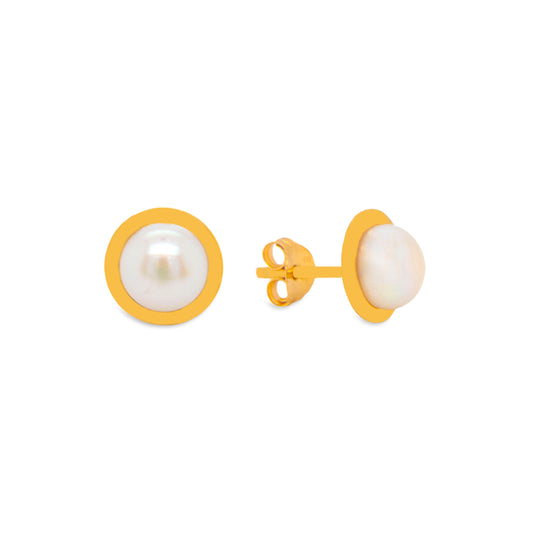 14K Yellow Gold Extra Small Bezel Pearl Pushback Earrings