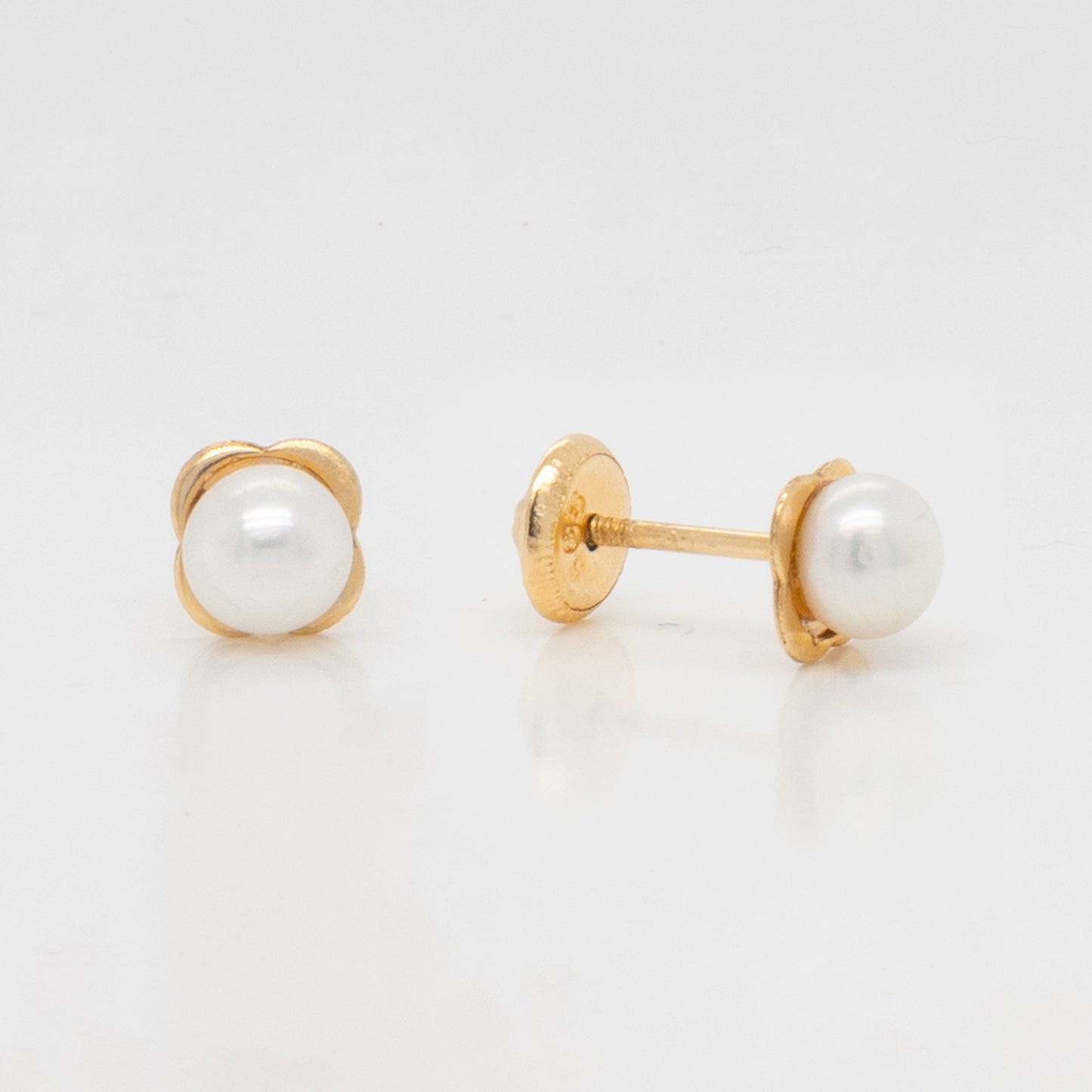 14K Yellow Gold Small Flower with Pearl Center Screback Earrings