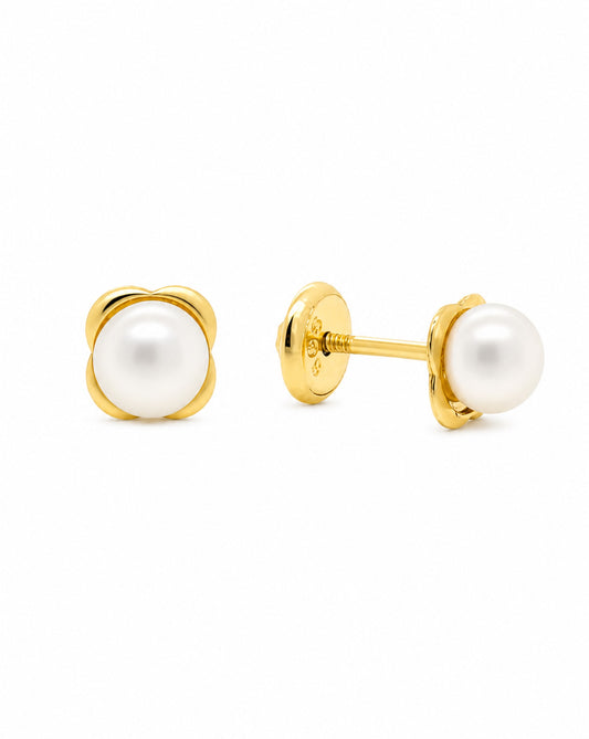 14K Yellow Gold Small Flower with Pearl Center Screback Earrings
