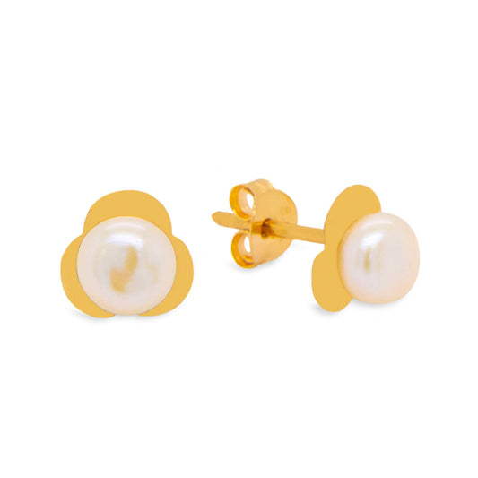 14K Yellow Gold Large Three-Leaf Clover Pearl Center Pushback Earrings