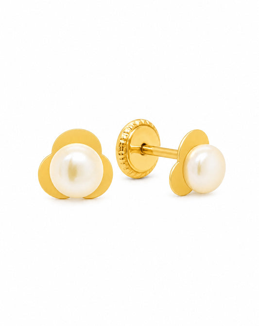 14K Yellow Gold Small Three-Leaf Clover Pearl Center Screwback Earrings