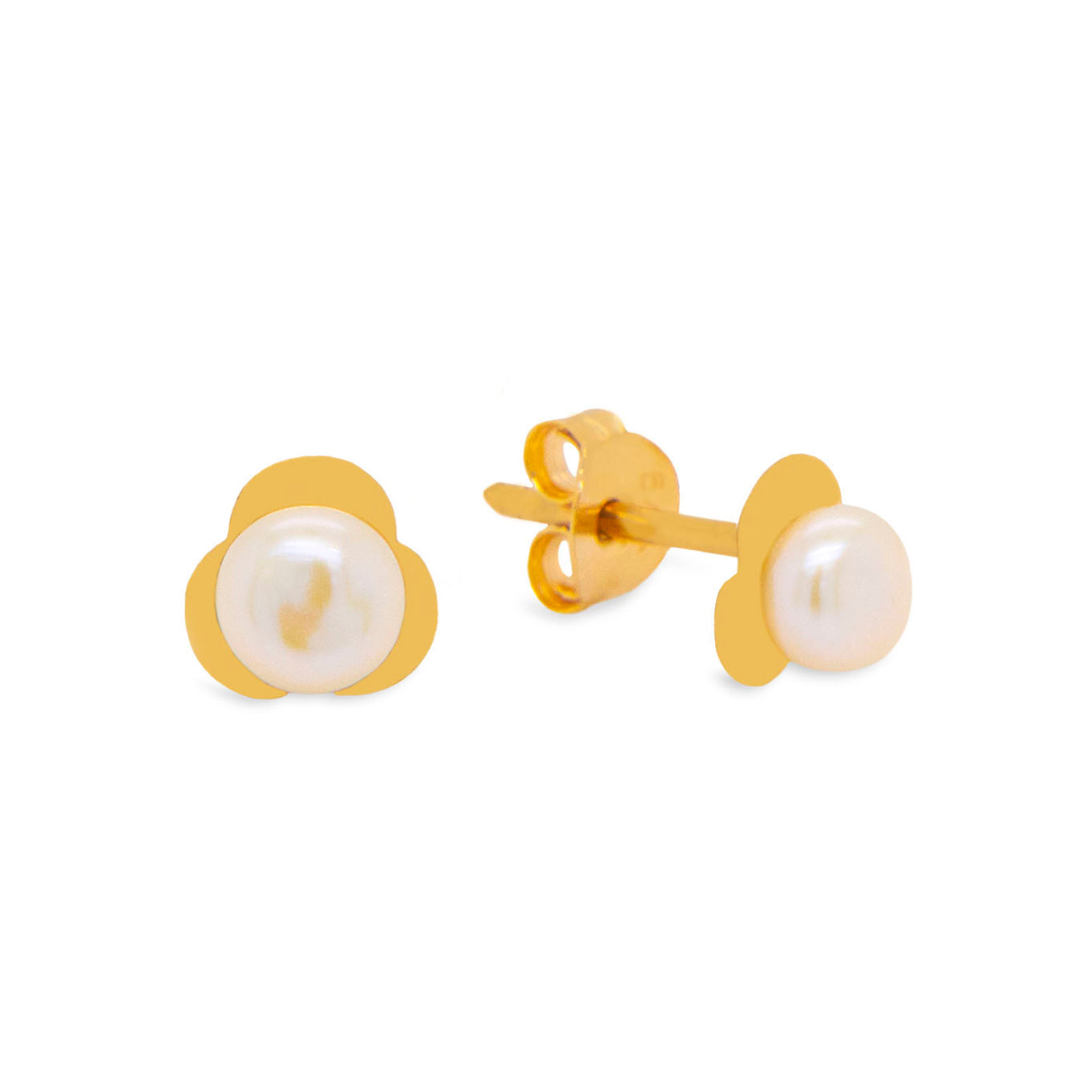 14K Yellow Gold Small Three-Leaf Clover Pearl Center Screwback Earrings