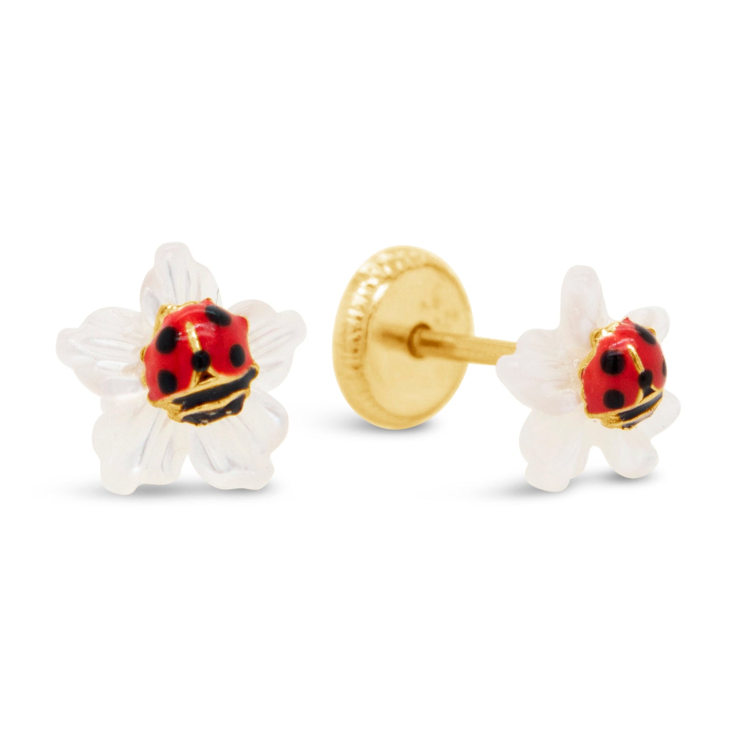 14K Yellow Gold Small Pearl Flower with Ladybug Screwback Earrings