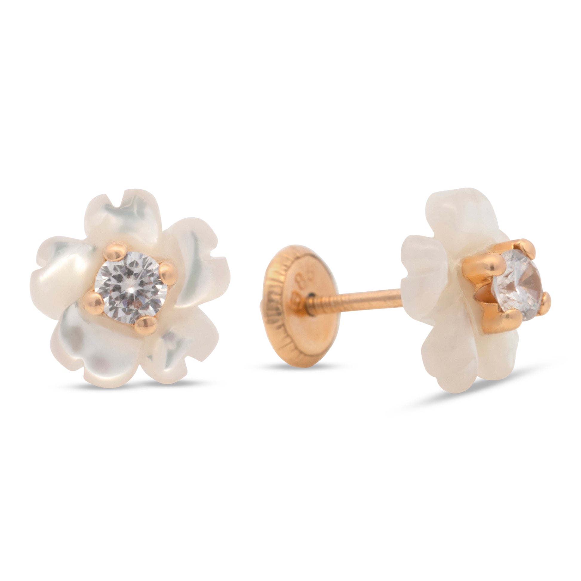 14K Yellow Gold Small Pearl Flower with CZ Center Screwback Earrings