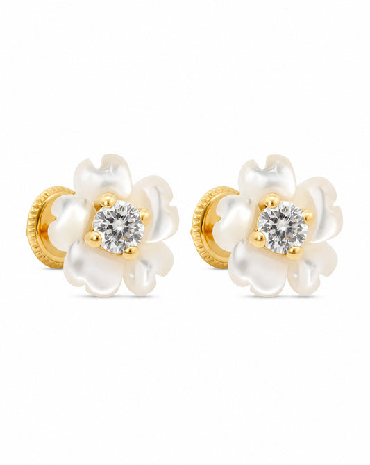 14K Yellow Gold Small Pearl Flower with CZ Center Screwback Earrings