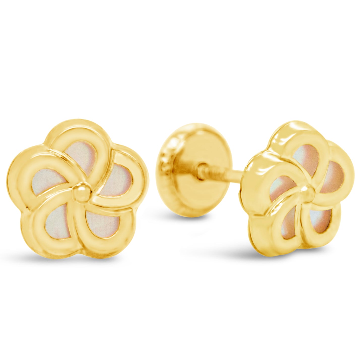 14K Yellow Gold Large Mother of Pearl Flower Screwback Earrings