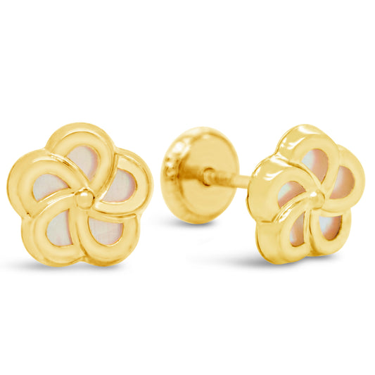 14K Yellow Gold Large Mother of Pearl Flower Screwback Earrings