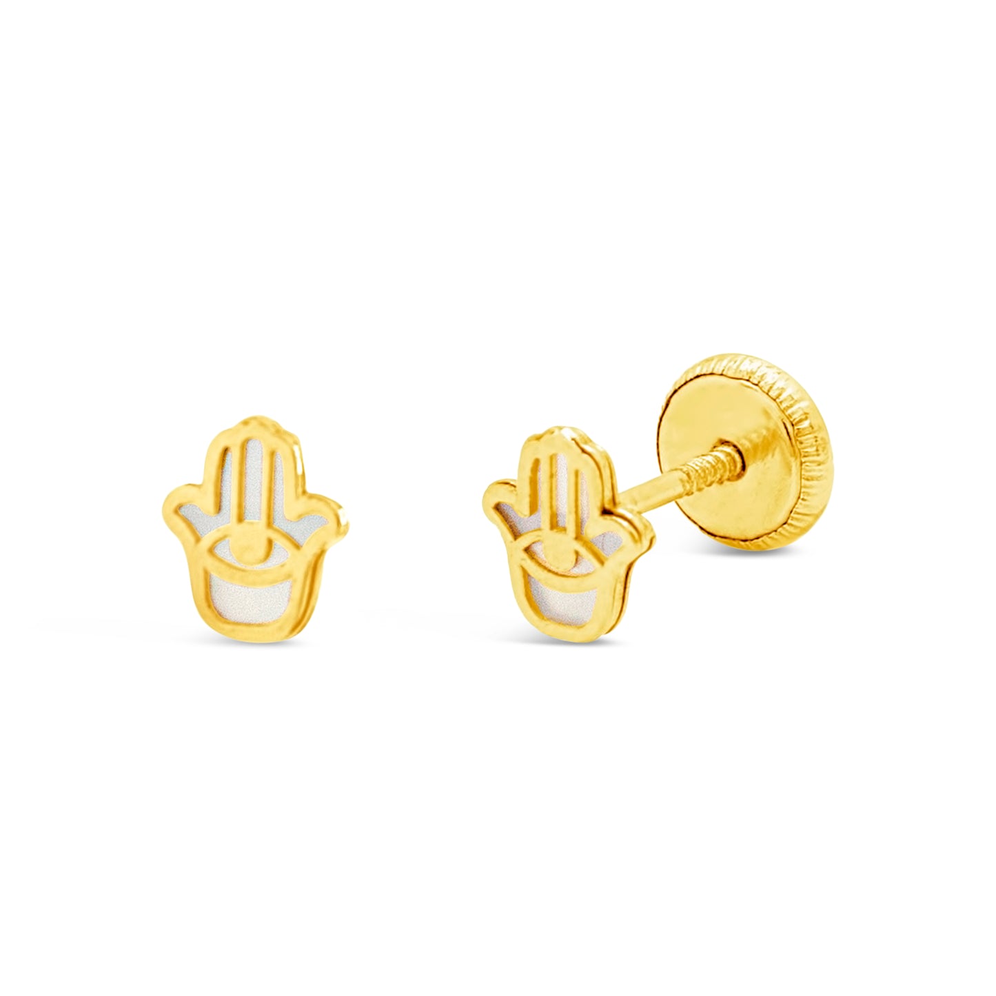 14K Yellow Gold Small Mother of Pearl Hamsa Screwback Earrings