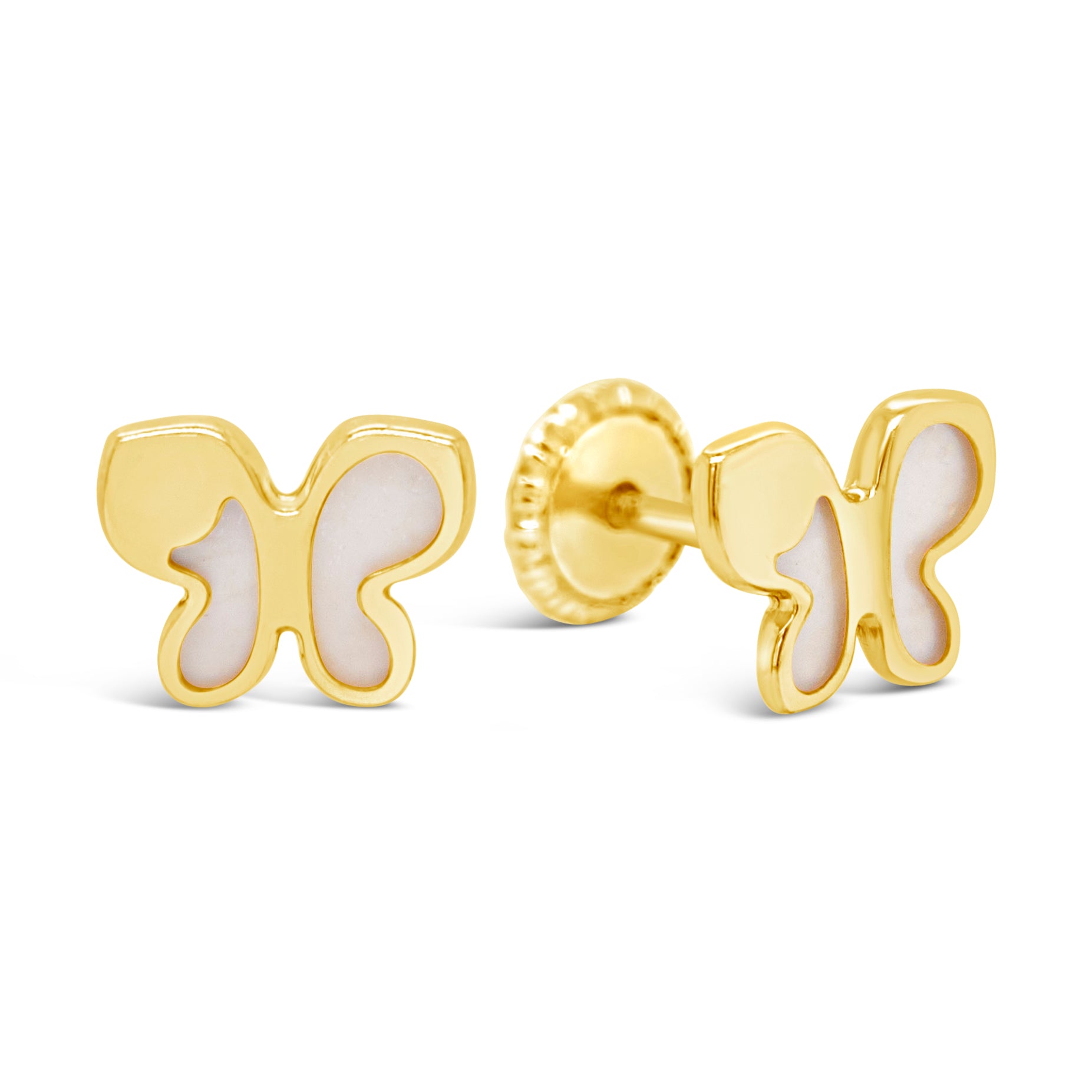 14K Yellow Gold Mother of Pearl Butterfly Screwback Earrings
