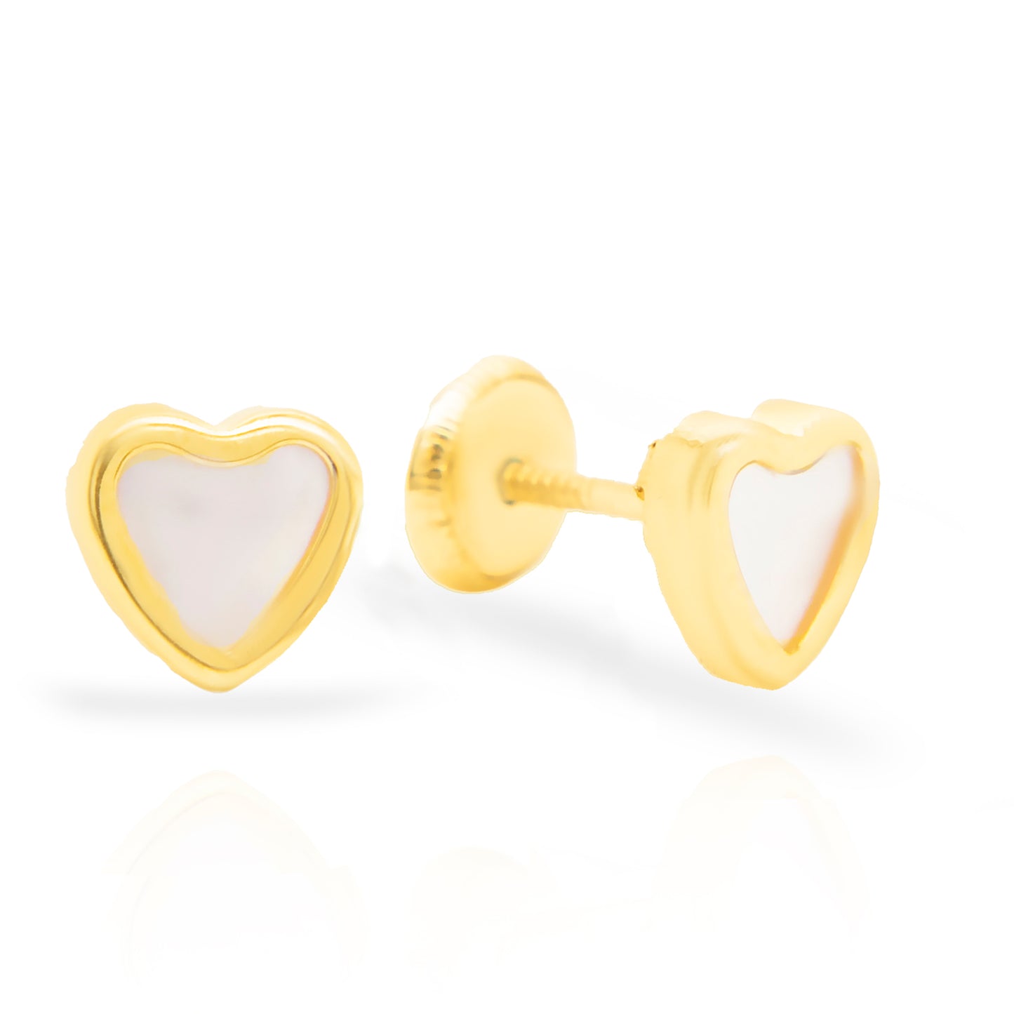 14K Yellow Gold Large Mother of Pearl Heart Screwback Earrings