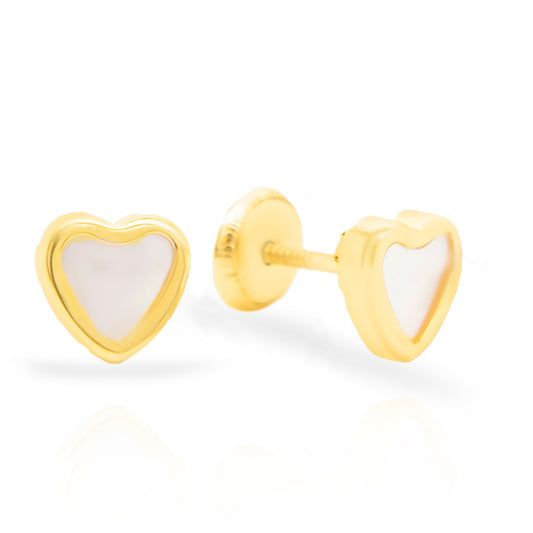 14K Yellow Gold Large Mother of Pearl Heart Screwback Earrings