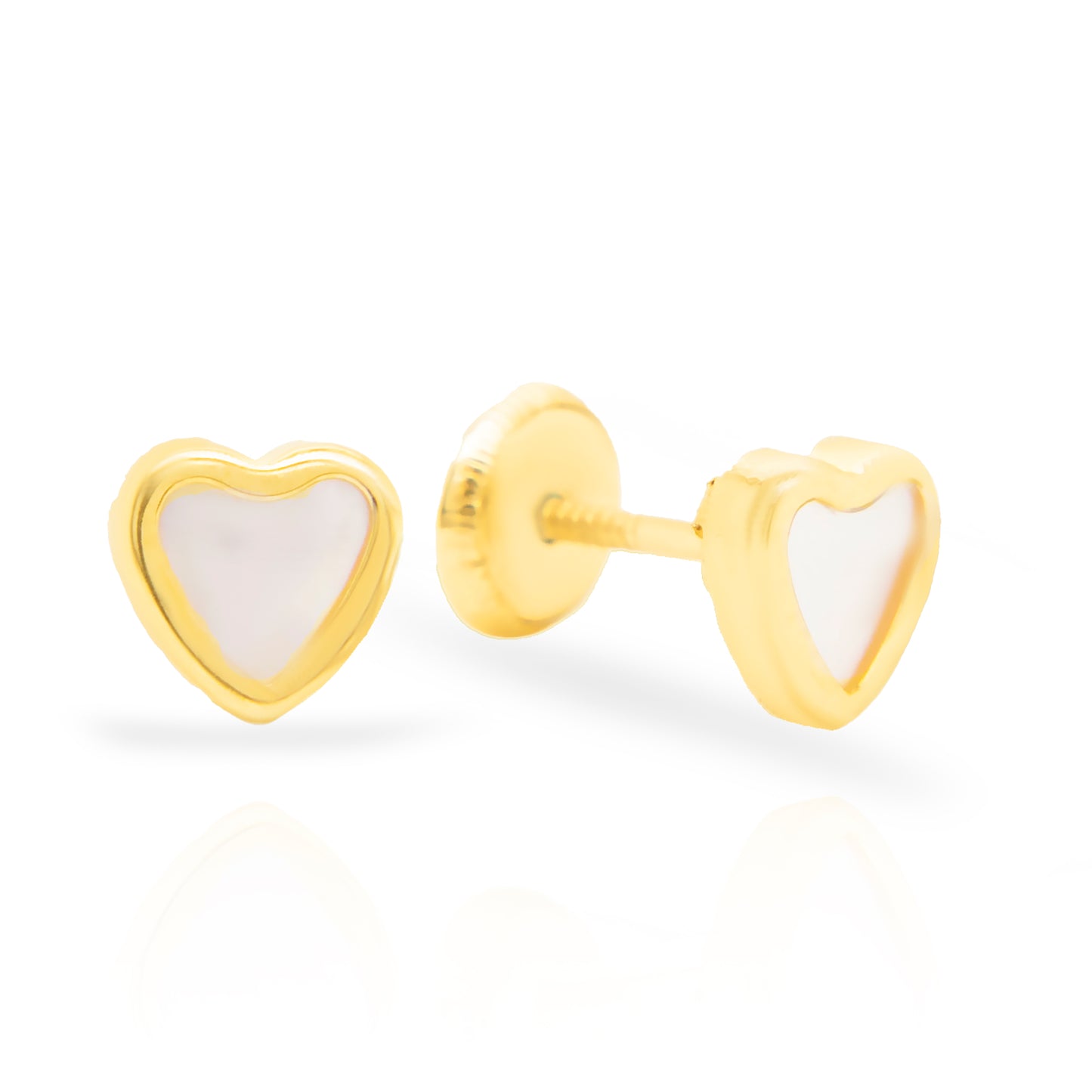 14K Yellow Gold Medium Mother of Pearl Heart Screwback Earrings