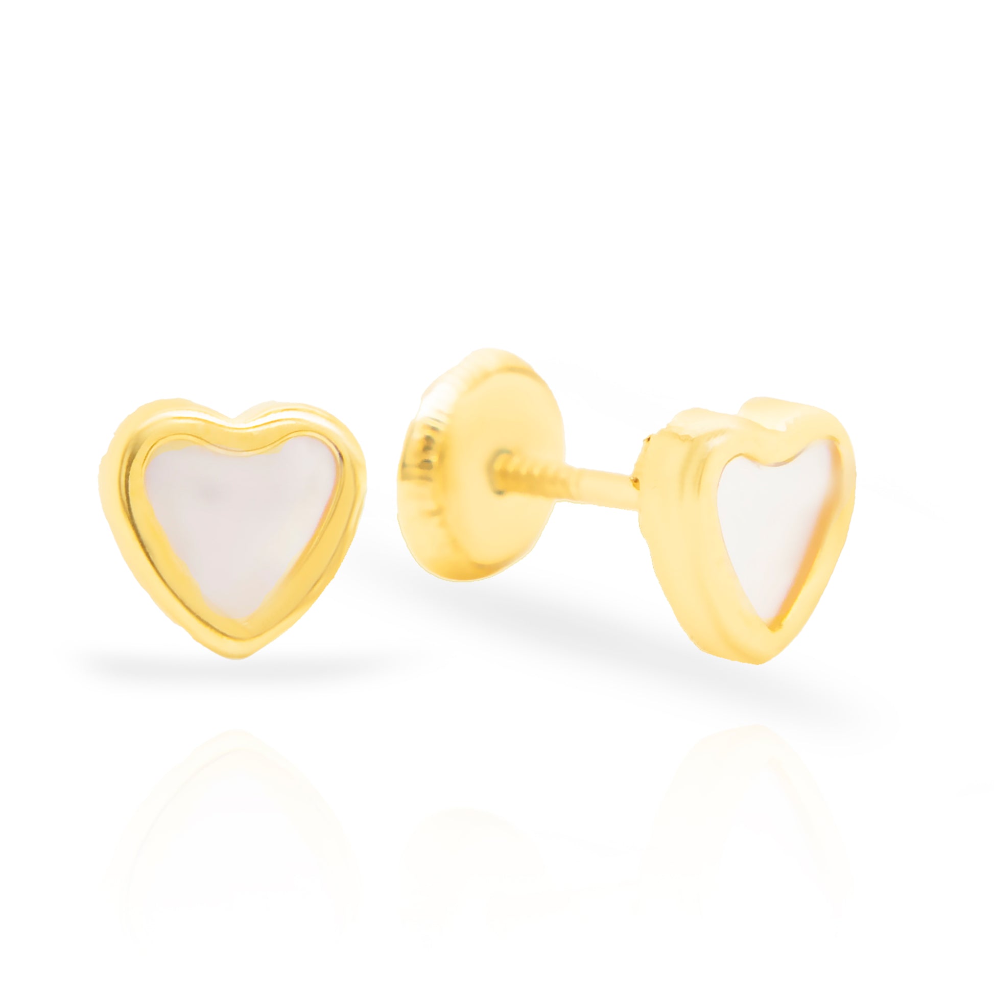 14K Yellow Gold Medium Mother of Pearl Heart Screwback Earrings