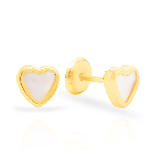 14K Yellow Gold Medium Mother of Pearl Heart Screwback Earrings