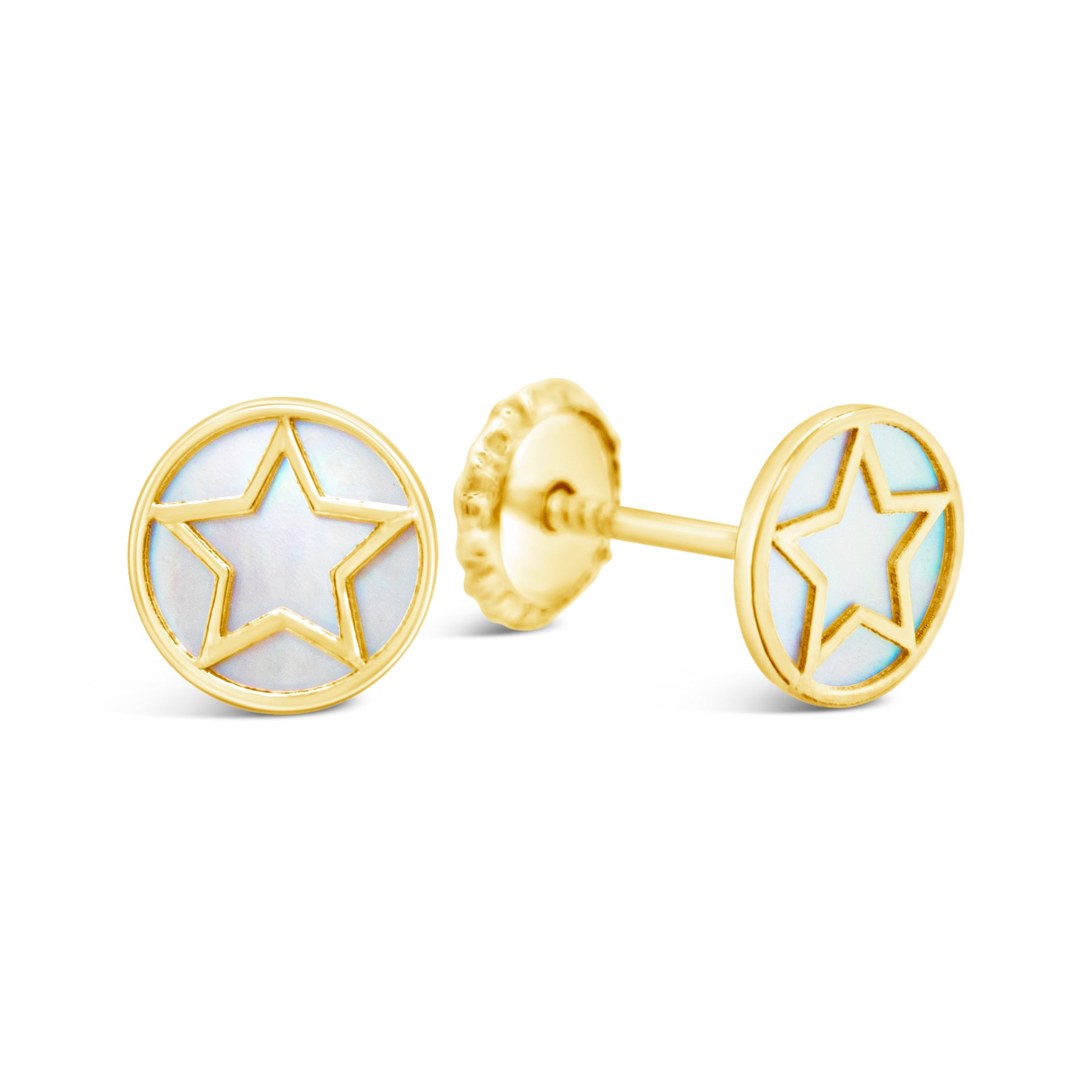 14K Yellow Gold Mother of Pearl Open Round Star Screwback Earrings