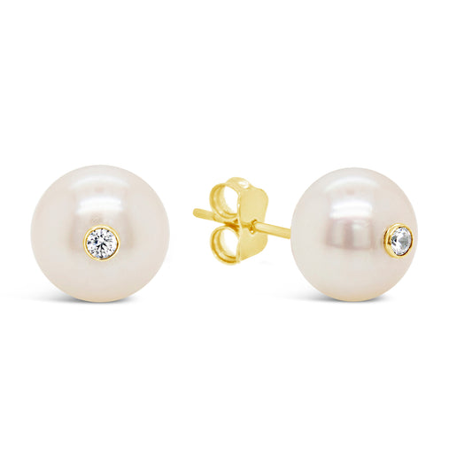 14K Yellow Gold Large Pearl with CZ Accent Screwback Earrings