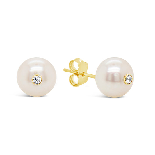 14K Yellow Gold Medium Pearl with CZ Accent Screwback Earrings