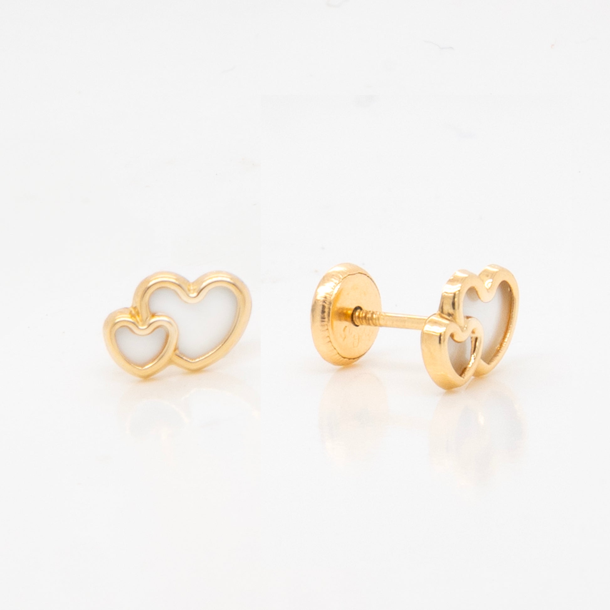 14K Yellow Gold Mother of Pearl Double Hearts Screwback Earrings