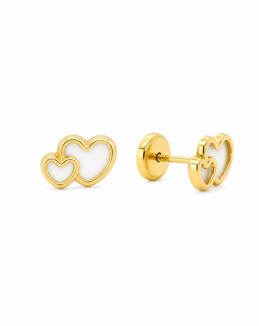 14K Yellow Gold Mother of Pearl Double Hearts Screwback Earrings