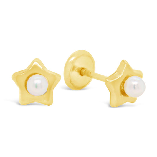 14K Yellow Gold Small Star with Pearl Center Screwback Earrings