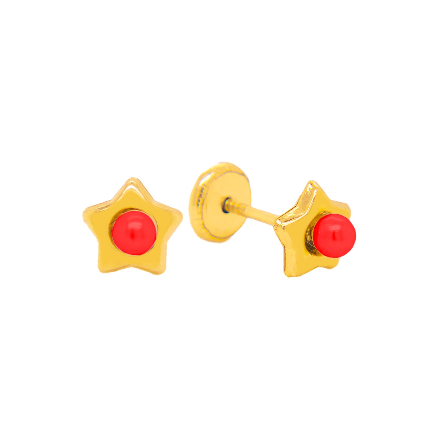 14K Yellow Gold Extra Small Star with Coral Center Screwback Earrings
