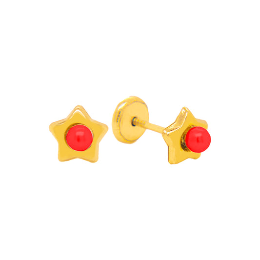 14K Yellow Gold Extra Small Star with Coral Center Screwback Earrings